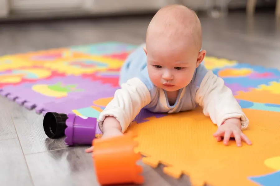 Toddler Plays Floor Infant Is Lying His Abdomen Carpet With Pyramid 114354 929