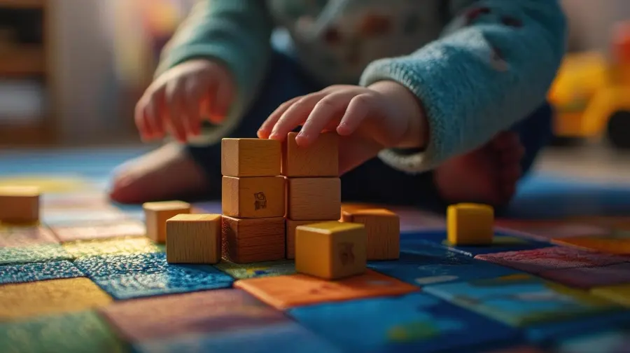 Child Plays With Colorful Wooden Blocks Textured Mat Fostering Creativity Learning 931778 84202