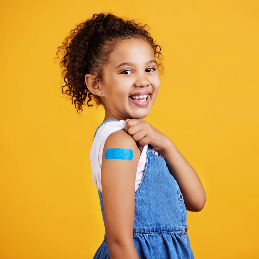 Happy Portrait Child With Plaster Studio Wound Sore Injury Her Arm Happiness Smile Healthy Girl Kid Model Posing With Bandaid After Vaccination By Yellow Background 590464 161929